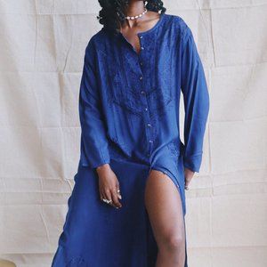 Long Sleeve Dress Fall Boho Bohemian Kaftan Oversized Flowy Blue Winter Navy